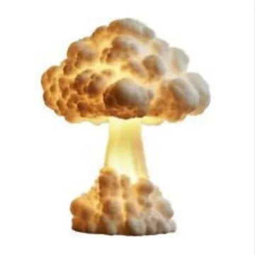 Modern art mushroom cloud table lamp with USB power cable on a desk.