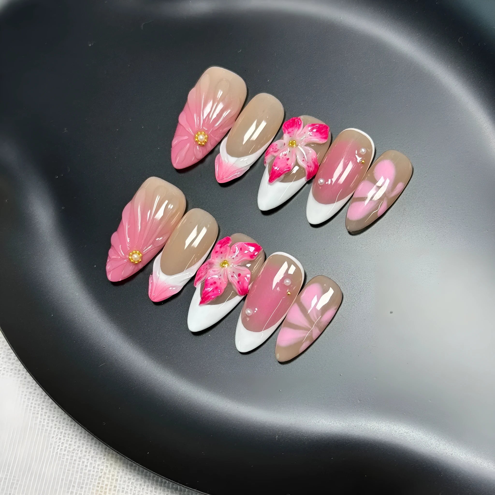 French style lily fluid ice flower 3D design press on nails in almond shape, sizes XS to L