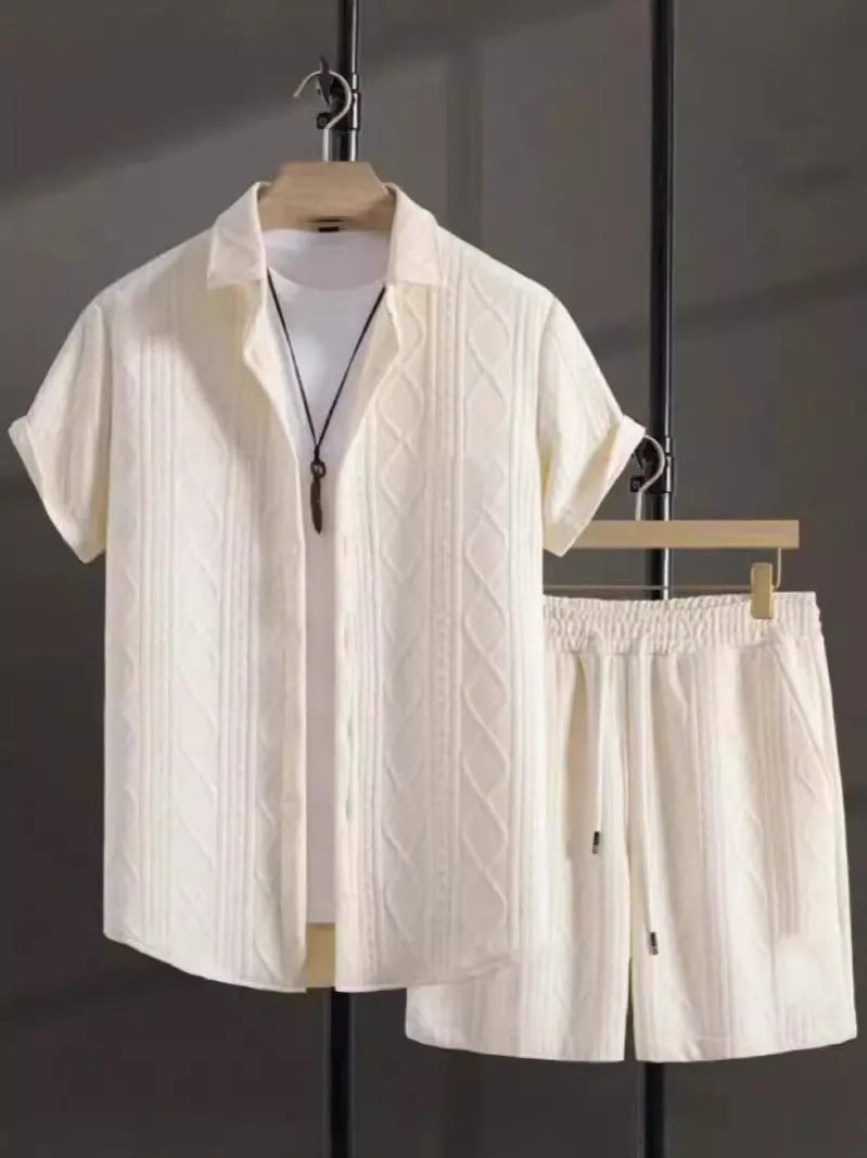 Men's short sleeve suit jacket and matching shorts in chemical fibre blend fabric
