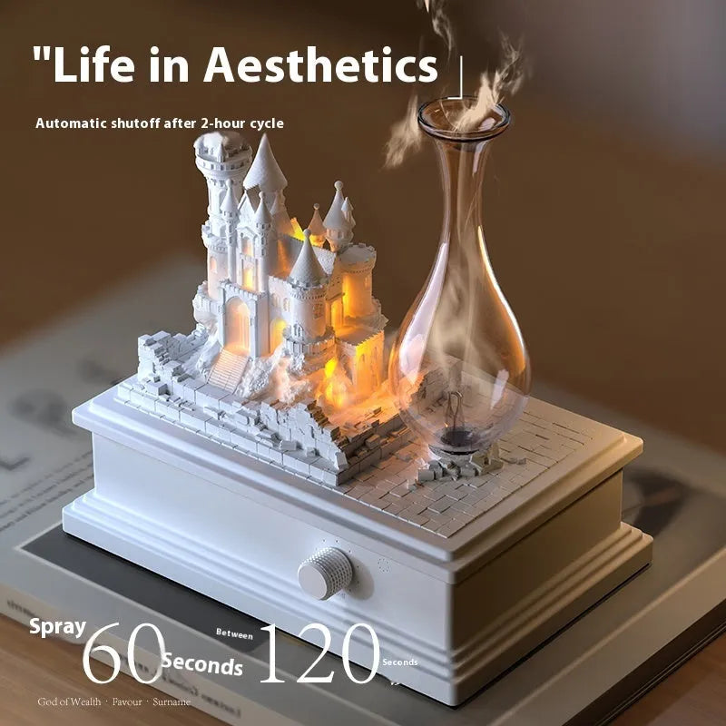 White medieval castle shaped waterless aromatherapy machine with ambient light on a wooden surface.