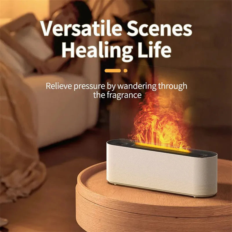 Black Flame Air ultrasonic humidifier diffuser with LED lights on a wooden table.