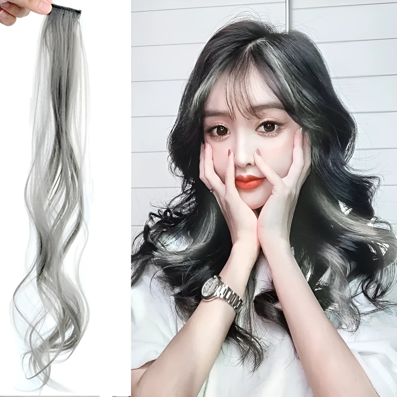 Long curly synthetic hair wig patch in a gradient colour, showing 60cm length