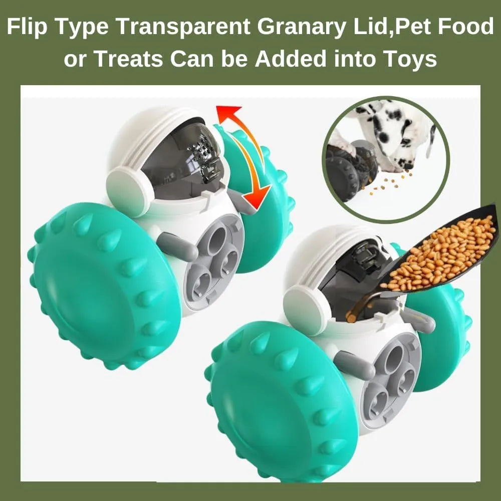 Interactive dog treat dispenser toy for small breeds in various colours with tumbler design
