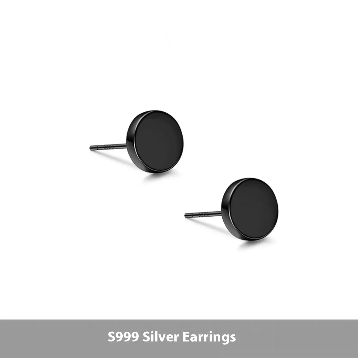 A pair of S999 sterling silver round flat stud earrings on a plain background, showing silver and black colour options.