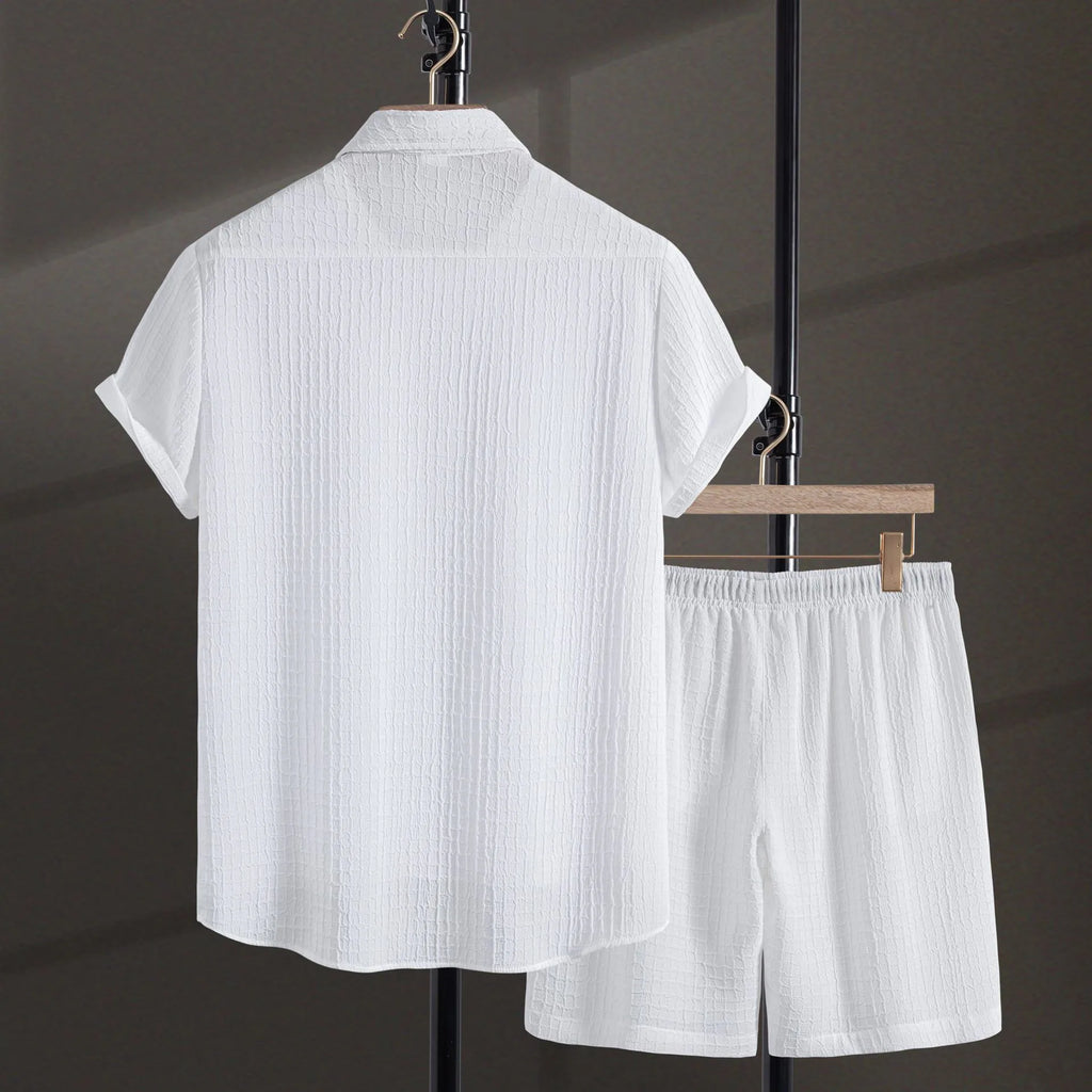 Men's white cotton blend jacquard short sleeve shirt with matching shorts casual suit