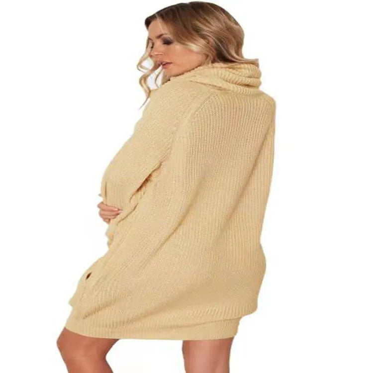 Women's apricot lapel collar sweater with side pockets, loose slim fit on mannequin