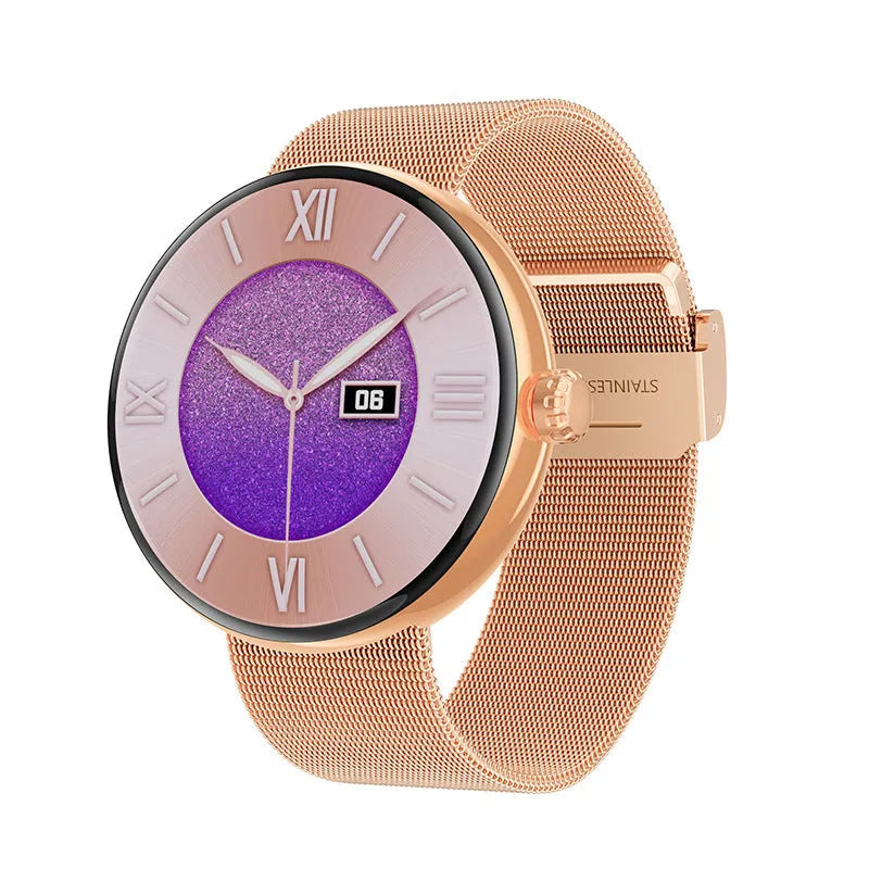 Women's smart watch with circular colour screen and metal strap on a wrist.