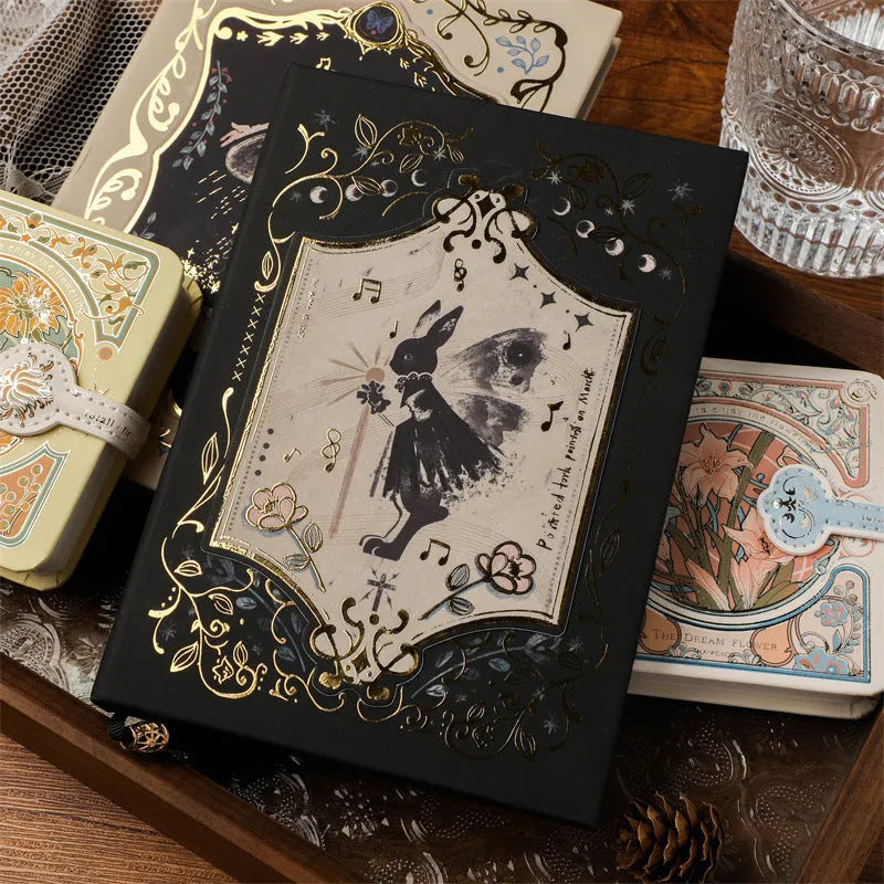 Retro gothic style A5 notebook with hand-drawn art cover designs including maze, forest, and fruit themes