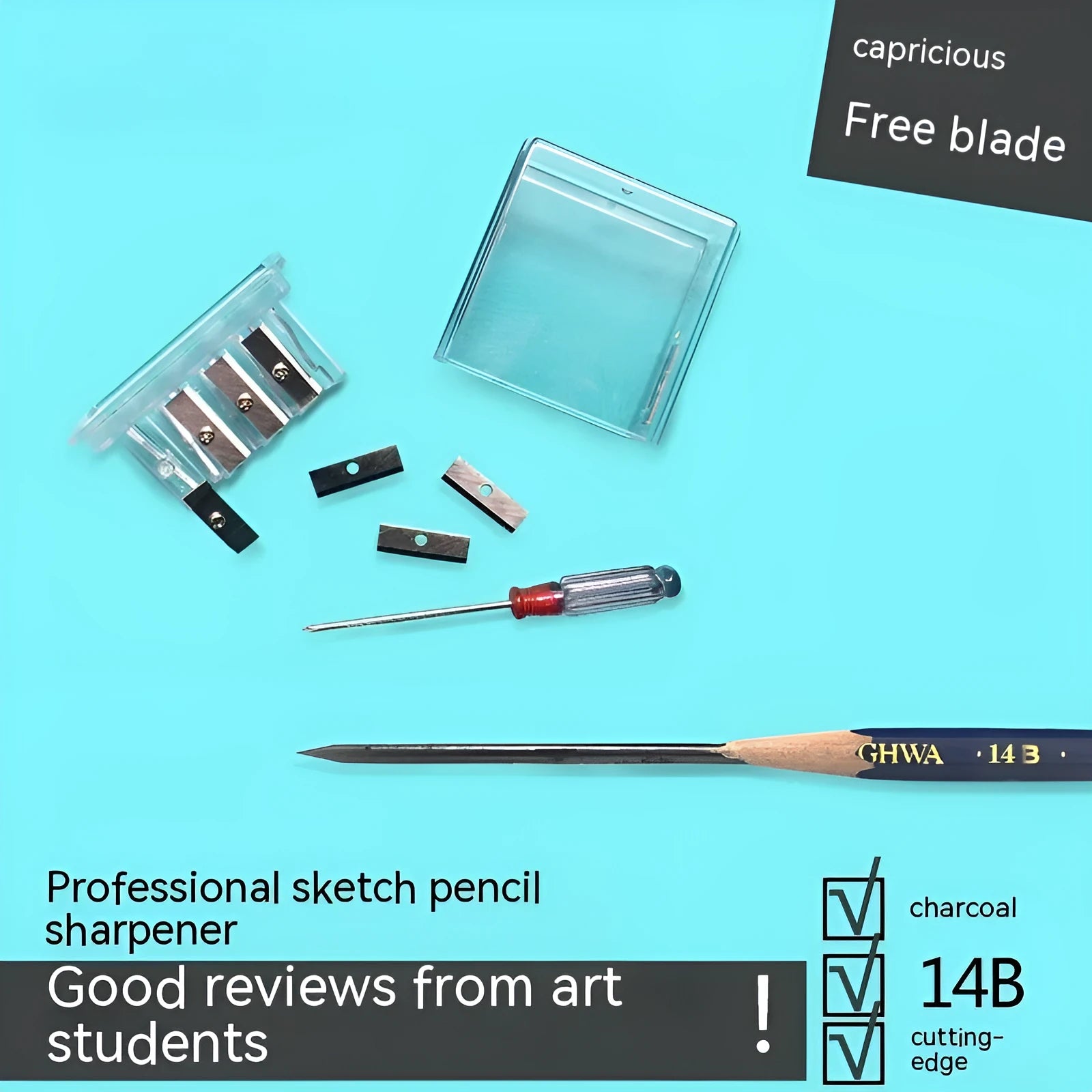 Geometric four-hole plastic pencil sharpener with colourful design for art and writing pencils