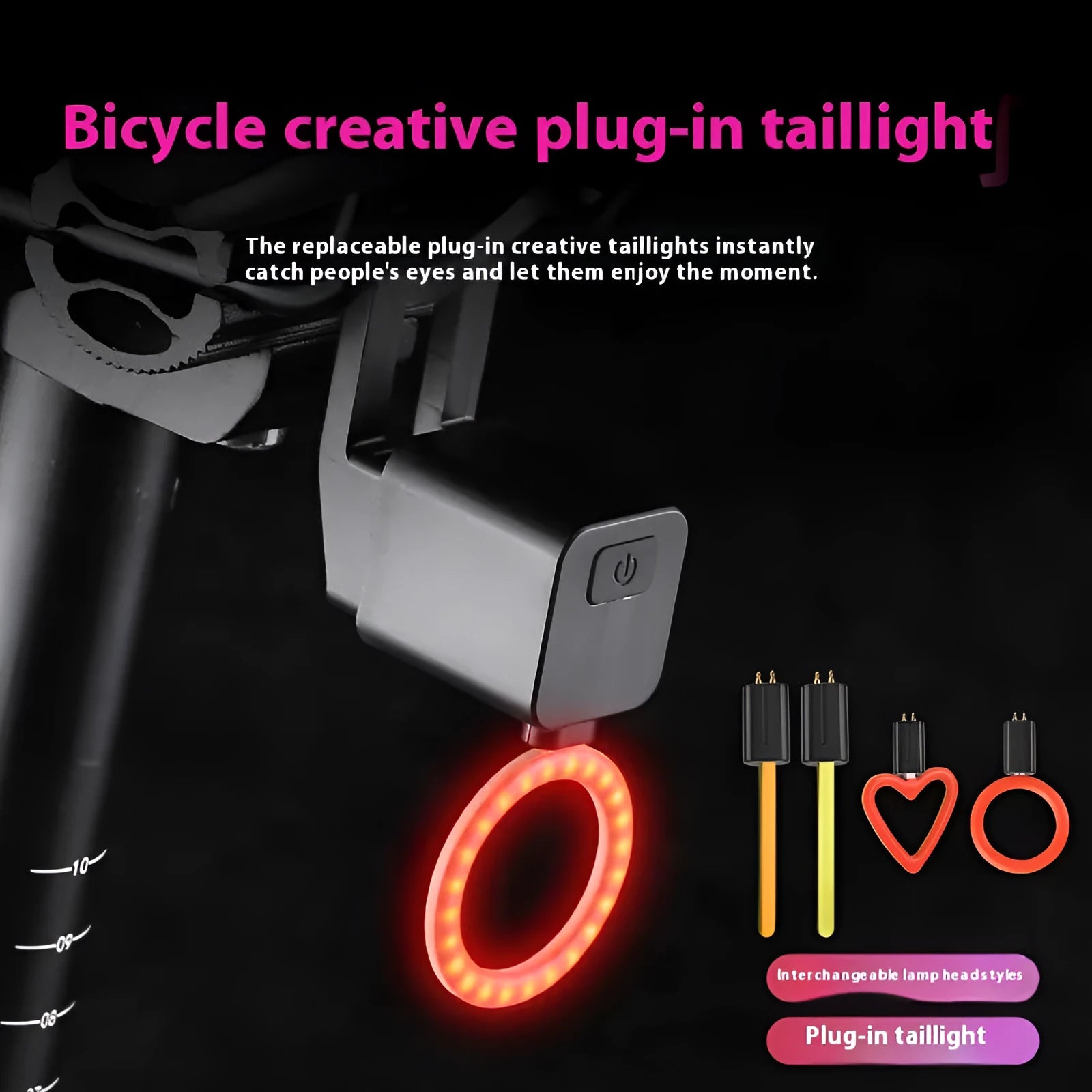Plug-in bicycle safety taillight with running water LED flashing sequence mounted on a bike seat tube.