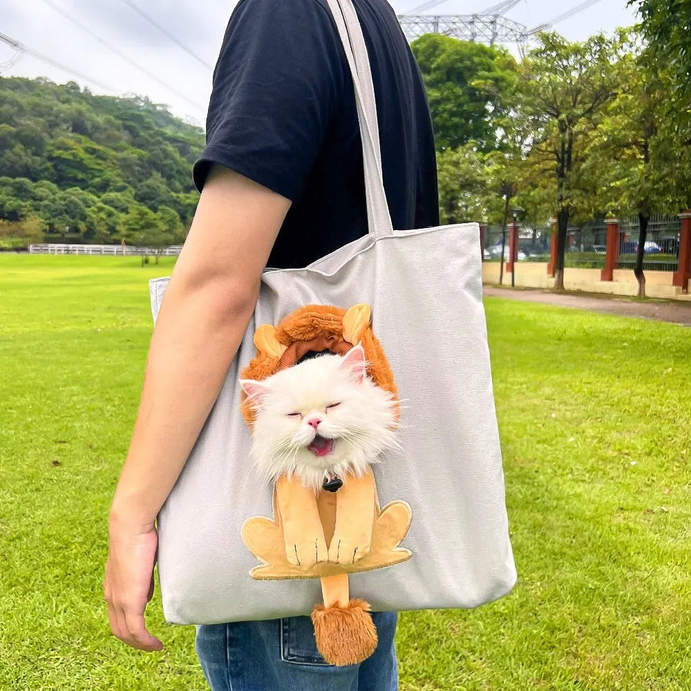 Canvas pet carrier shoulder bag with cartoon pattern for cats and small dogs