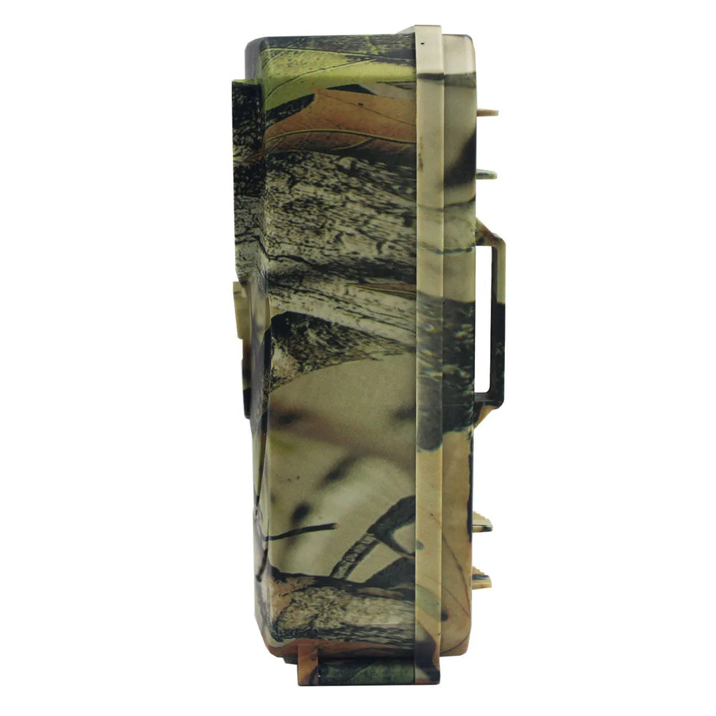 Yellow brown plastic 16MP infrared hunting scouting camera showing lens and display.