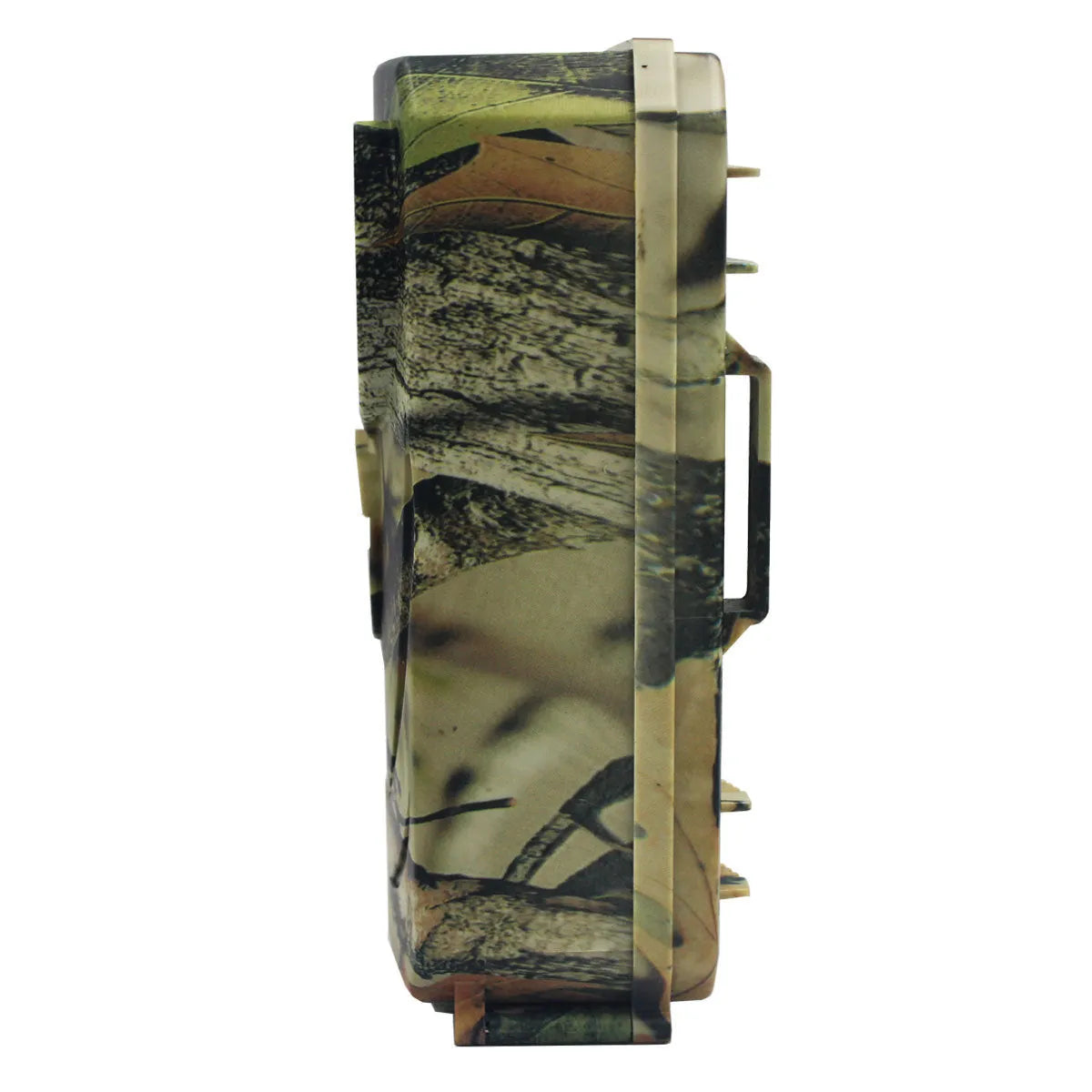 Yellow brown plastic 16MP infrared hunting scouting camera showing lens and display.
