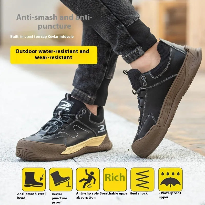 Leather safety work shoes with rubber soles in black, brown, grey, and khaki colours available in sizes 36-46