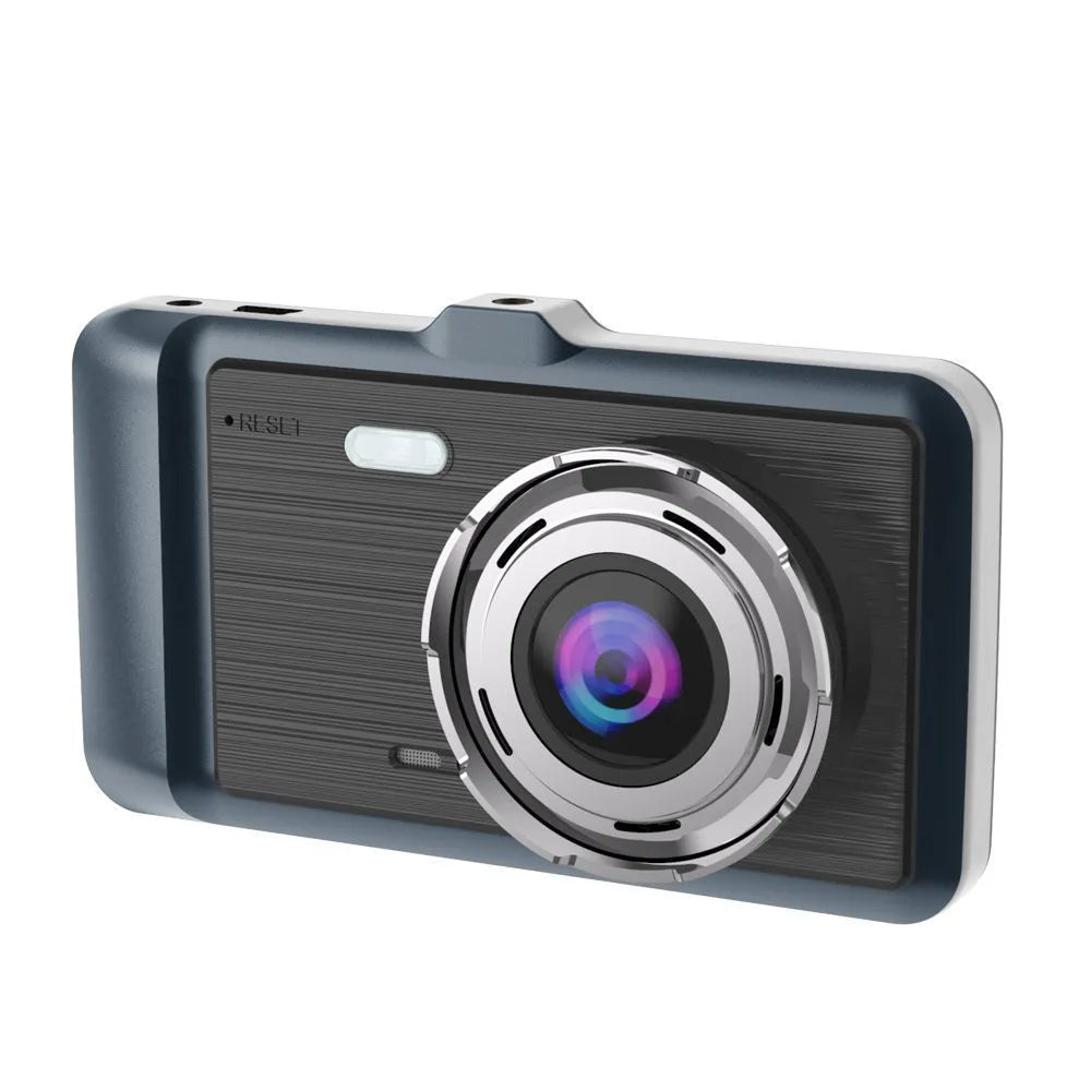 HD dual-lens driving recorder with 4-inch screen mounted on car windscreen