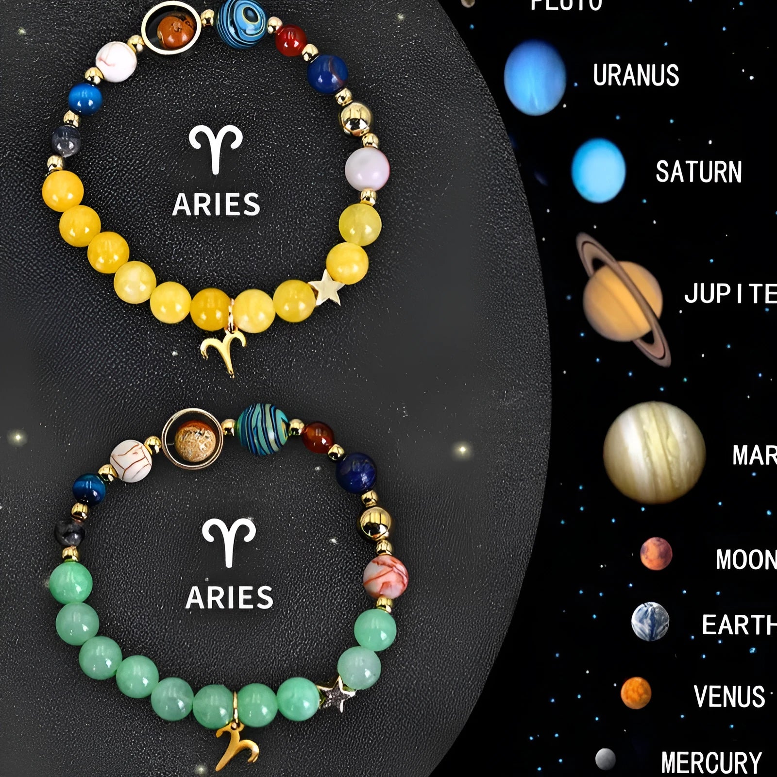 Set of twelve natural stone zodiac bracelets showing detailed astrological charms on stretch cords