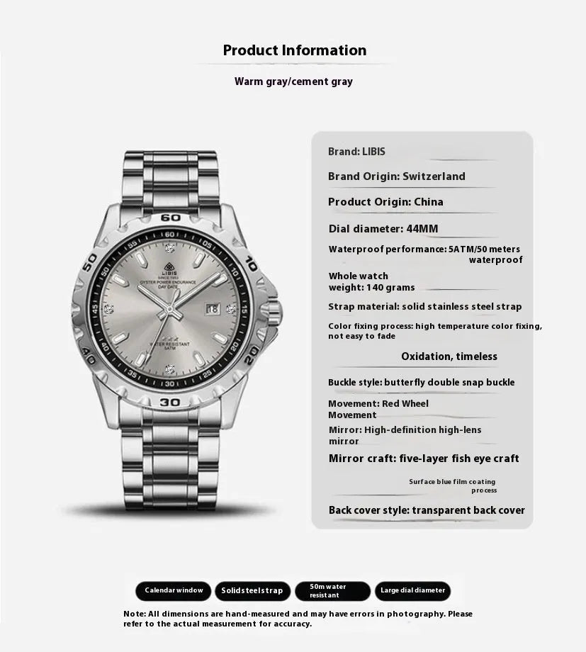 Men's silver case business watch with luminous hands, stainless steel strap, and sapphire glass