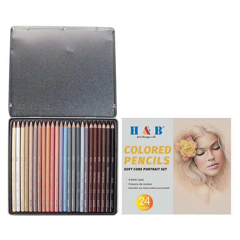 24 skin colour pencils for portrait art stored in a round metal iron box