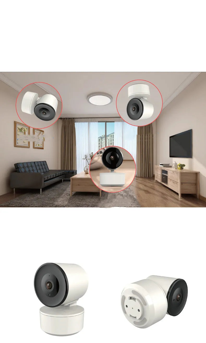 Smart WiFi security camera with PTZ rotation on desktop with mobile app display