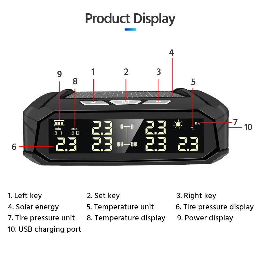 Solar-powered external tyre pressure monitor display unit with colour screen for six-tire trucks