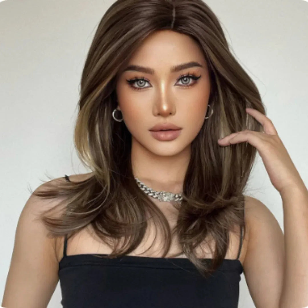 Mid-length platinum gradient curly wig with long bangs in high-temperature fibre.