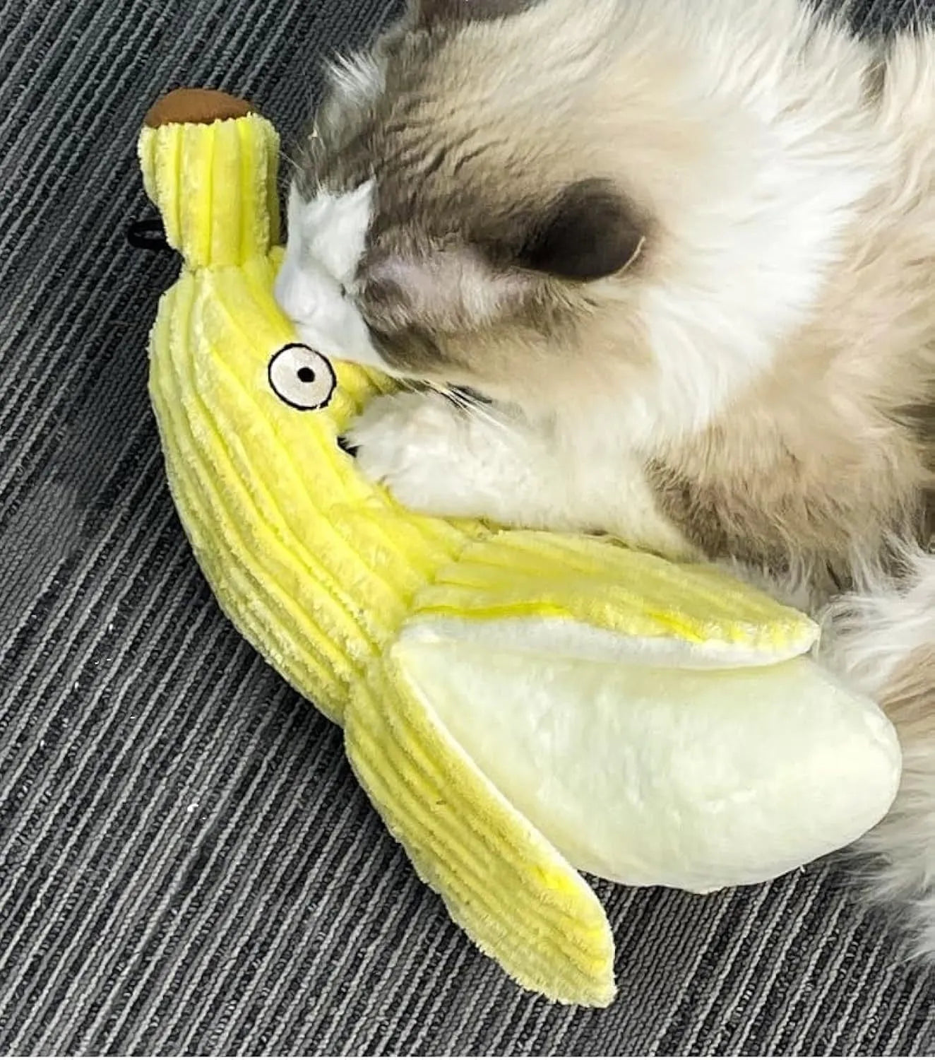 Yellow banana-shaped cat crinkle toy with soft plush material for indoor kitten chew play