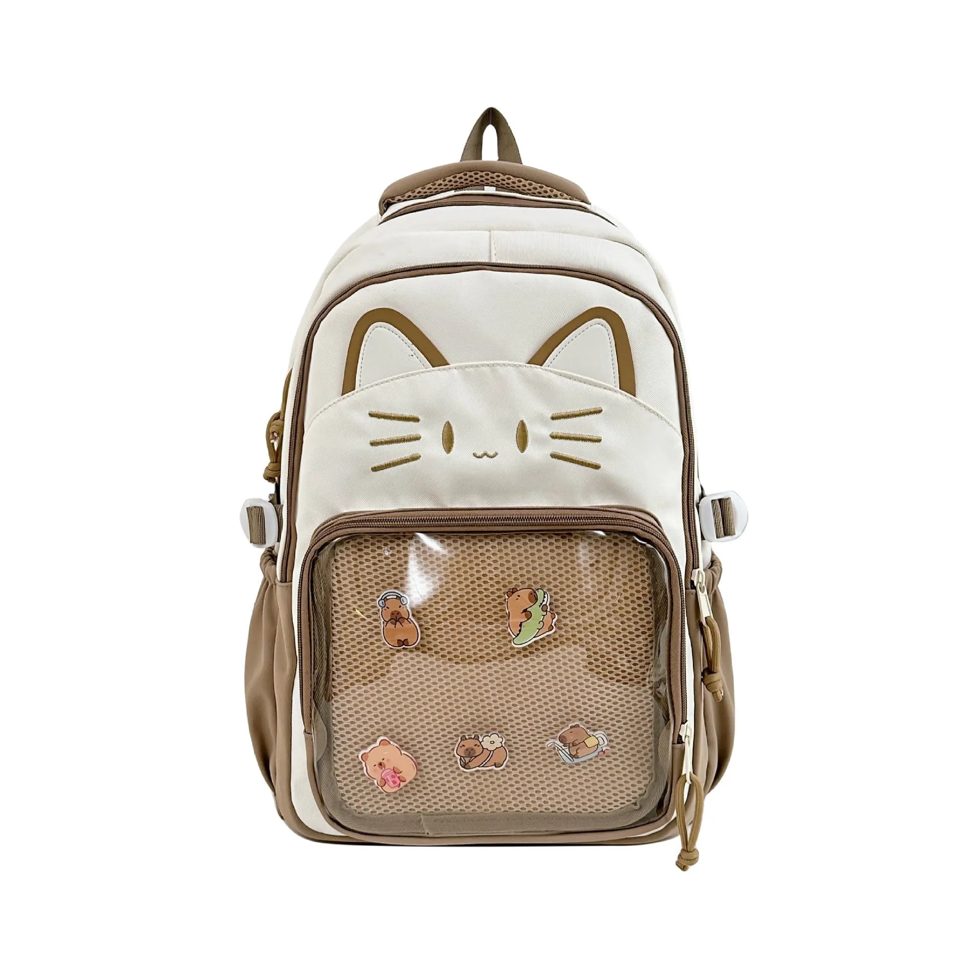 Cartoon print large capacity nylon backpack in pink with badge pendant, shown with curved shoulder straps.