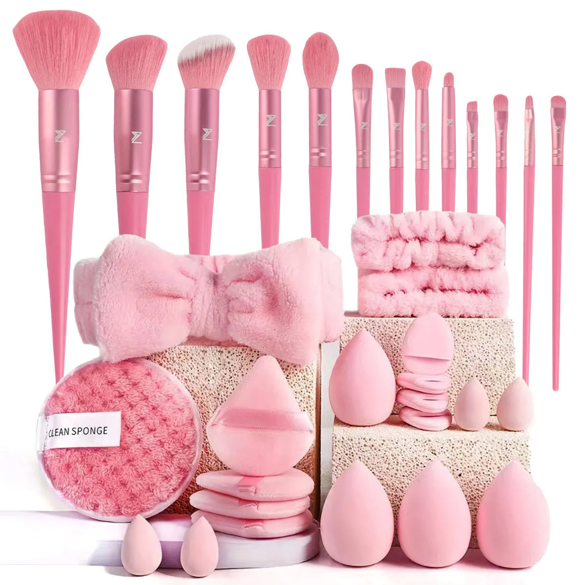 40-piece makeup brush set with hydrophilic non-latex bristles in brown, pink, and purple colour options