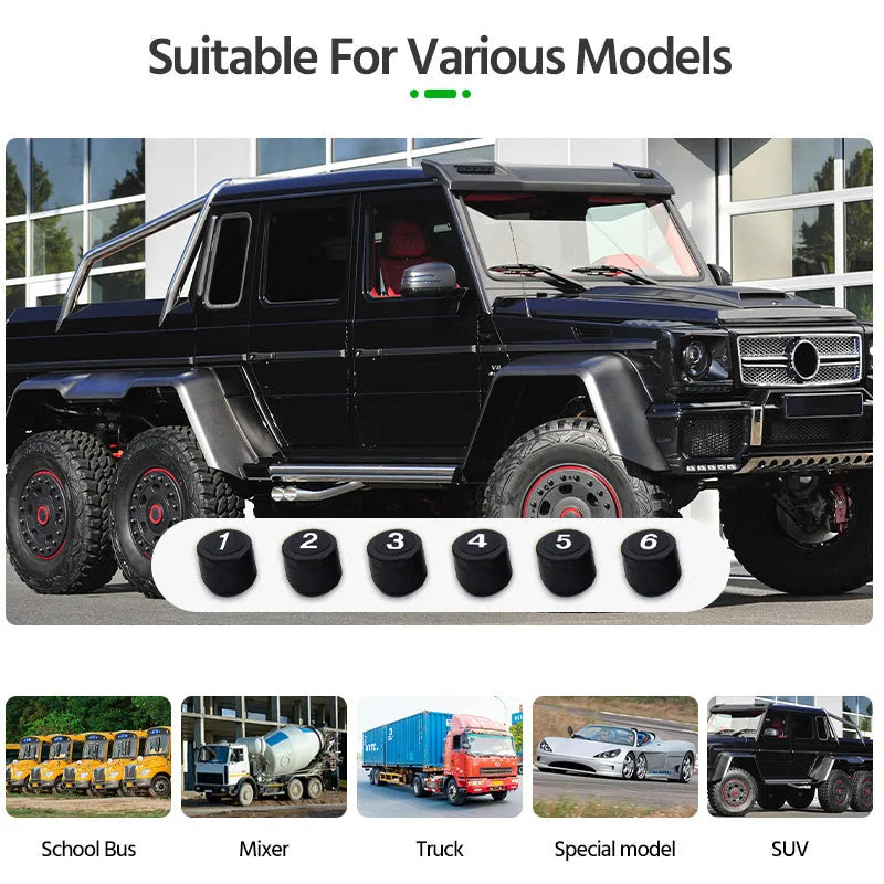 Solar-powered external tyre pressure monitor display unit with colour screen for six-tire trucks
