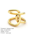 A geometric knotted adjustable ring for women in stainless steel, shown in gold and steel colour finishes.