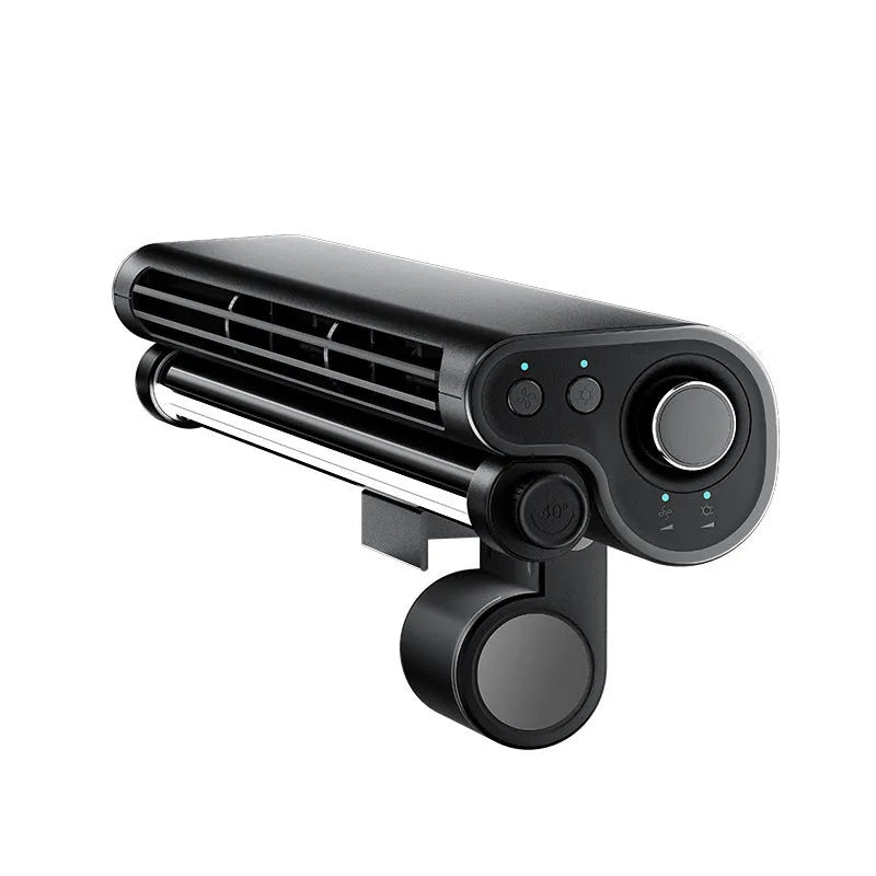Black USB bladeless fan with clip attachment for laptop screens showing brushless motor design