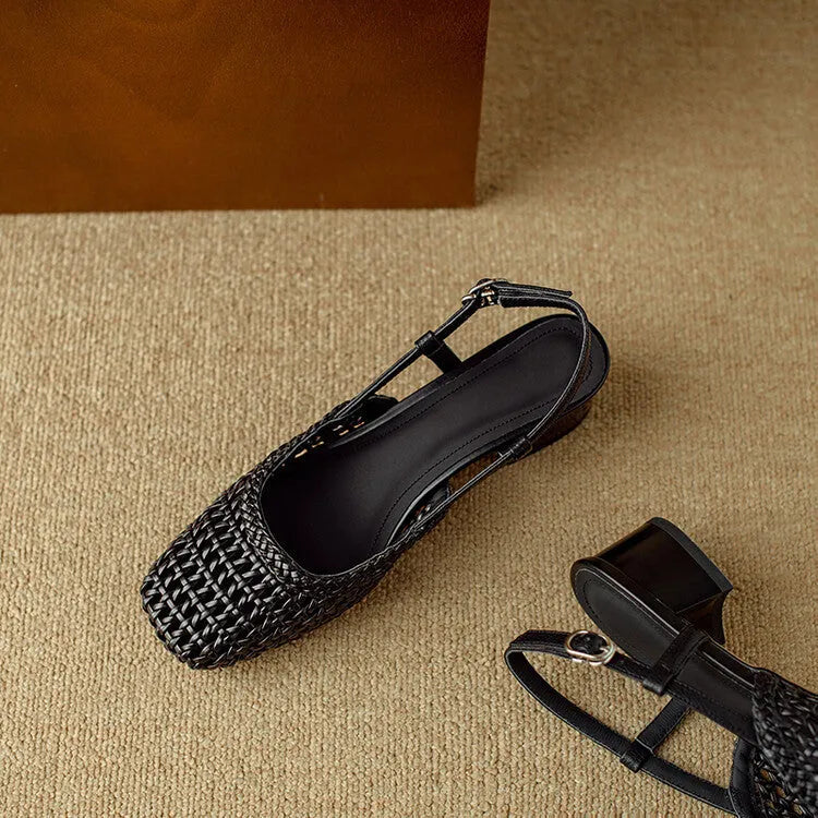 Women's woven hollow-out closed toe sandals with chunky heel and buckle fastening in black and beige colours