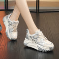 Women's thick-soled leather sports casual shoes in silver colour with round toe and lace-up front.