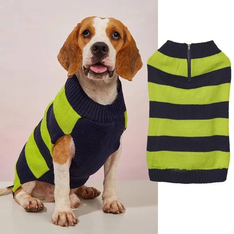 Grey dog sweater with horizontal zipper and button pocket on a small canine