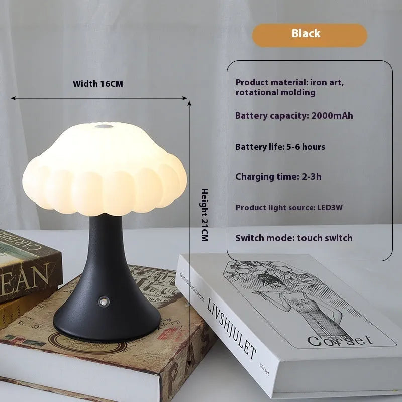 Mushroom-shaped USB rechargeable night lamp with touch control in wood grain finish