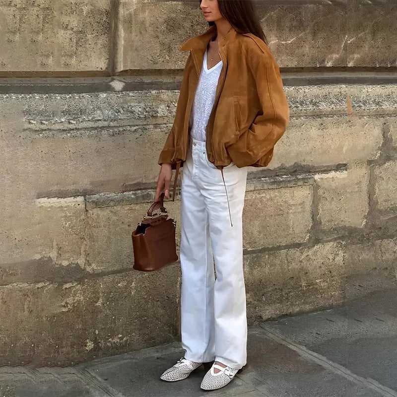 European and American retro style loose fit solid colour polyester jacket with long sleeves.