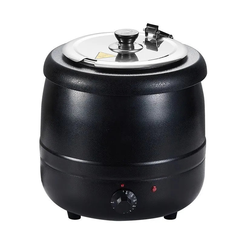 Black stainless steel electric insulation pot with steel cover, 10L capacity for soups and porridge.