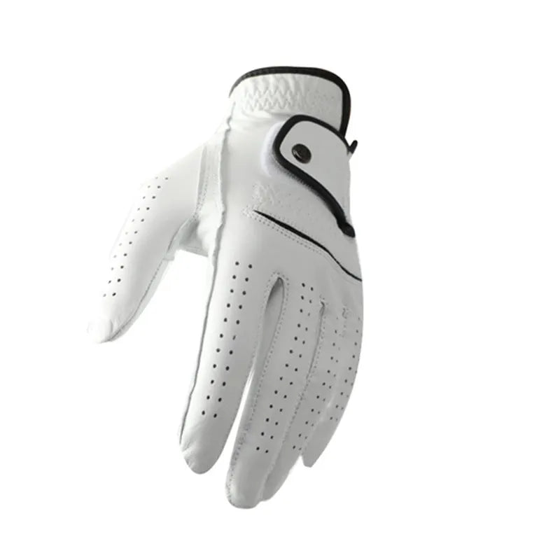 White men's golf glove made from half sheepskin material showing non-slip palm design