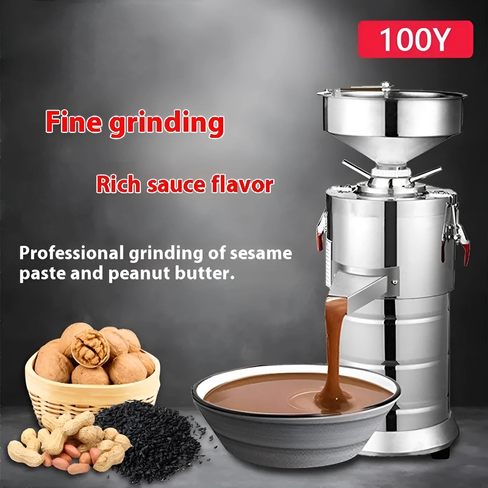 Stainless steel electric sesame paste grinding machine with automatic function for home kitchens.