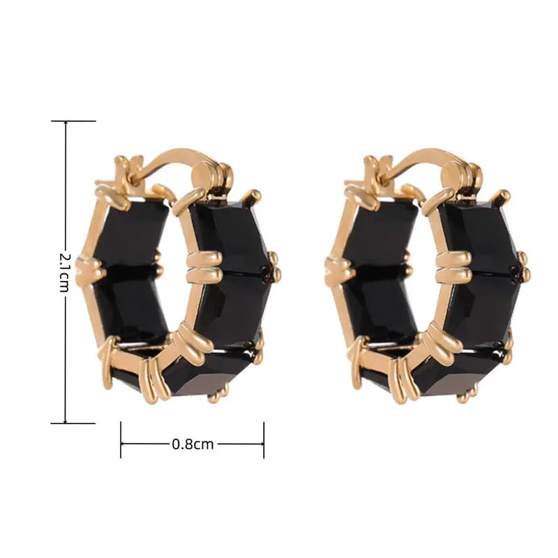 Geometric U-shaped ear rings with crystal zircon accents in black, pink, or white options