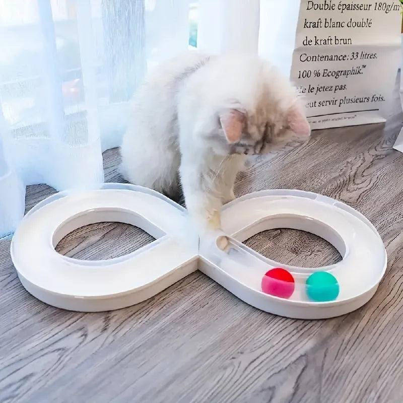 Blue and white cat turntable track ball toy with teasing stick measuring 50cm wide