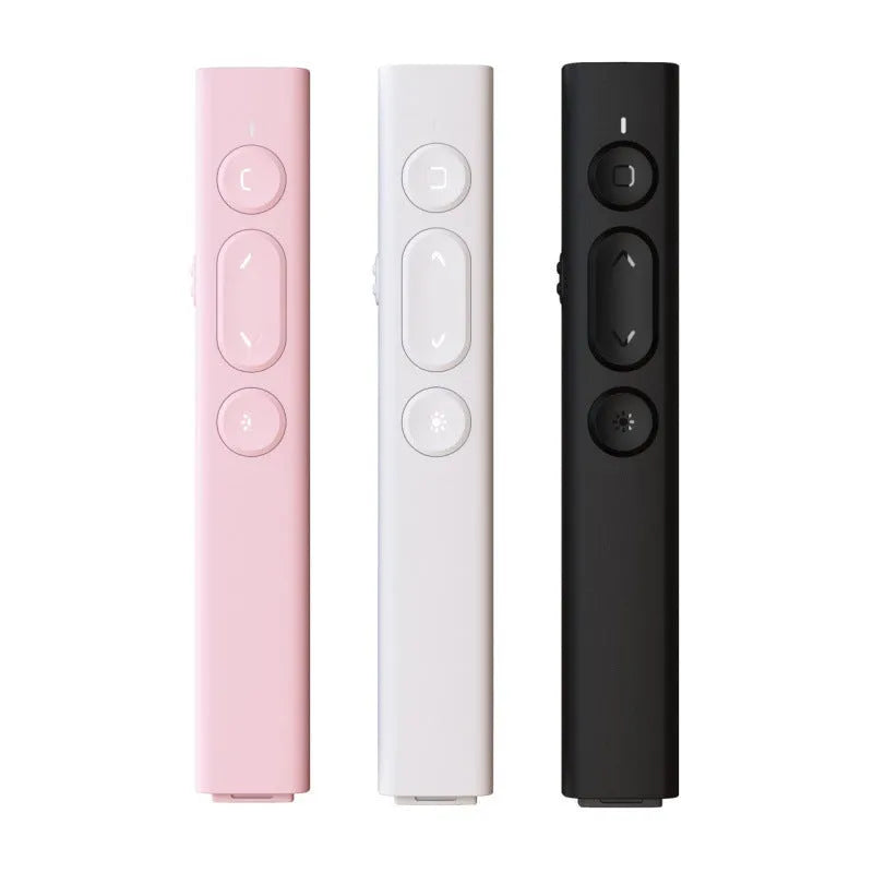 Black, white, and pink wireless presentation remote control pens with a USB receiver on a wooden desk.