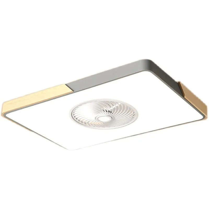 Nordic-style ceiling fan light fixture with a solid wood frame and white PVC lampshade.