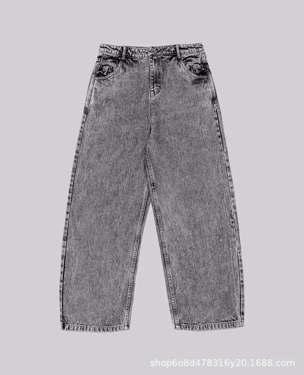 Grey loose straight-leg denim trousers for men and women on hanger