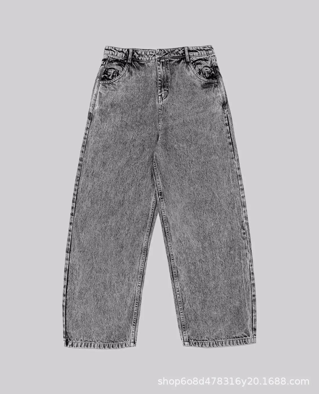 Grey loose straight-leg denim trousers for men and women on hanger
