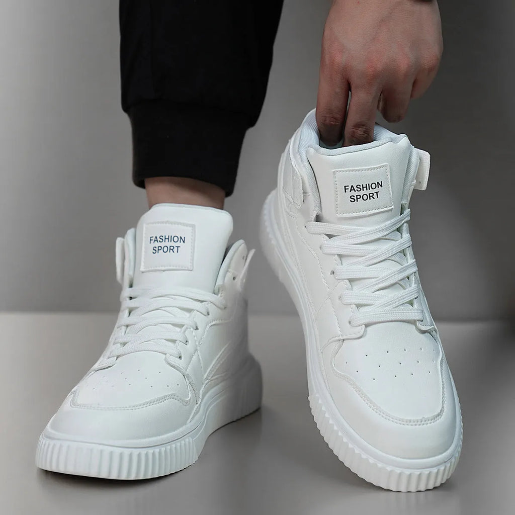 Men's white casual shoes with round toe and microfiber upper for autumn and winter wear.