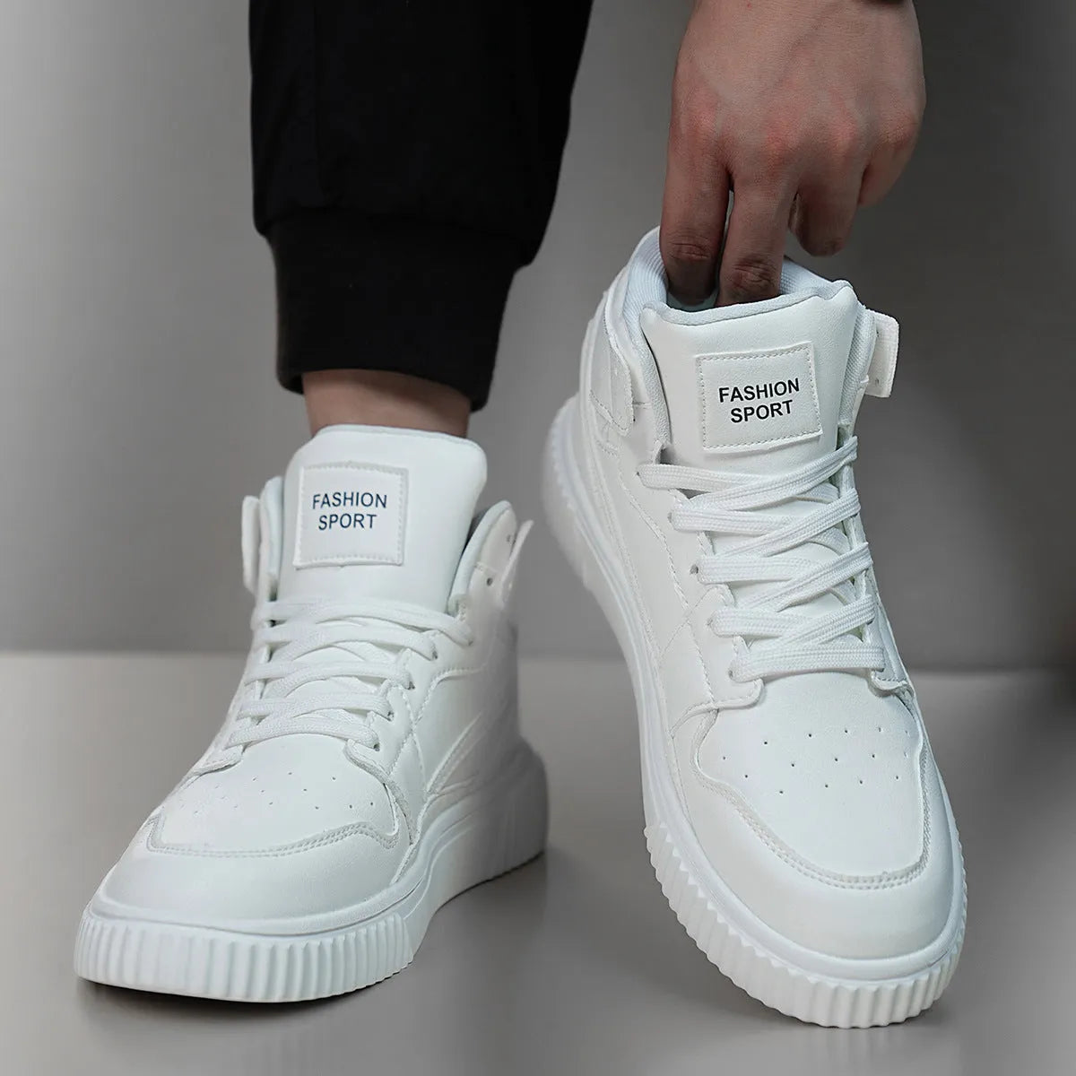 Men's white casual shoes with round toe and microfiber upper for autumn and winter wear.