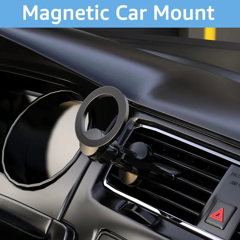Black magnetic car phone holder with O-ring bracket for air vent mounting