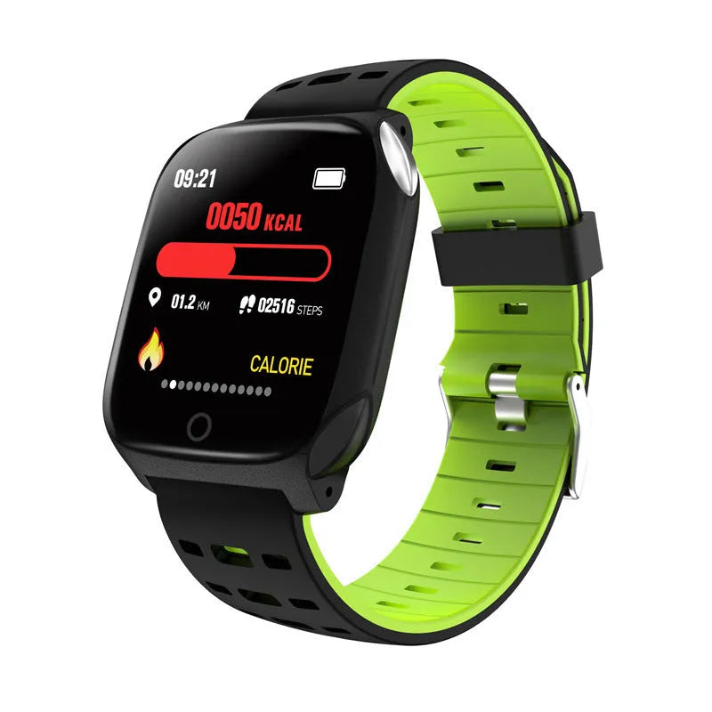 F16 Smart Watch with ECG monitor on a black and green silicone wristband, showing the display.