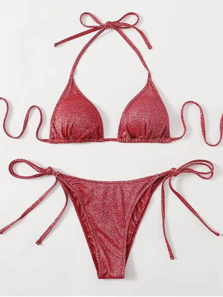 Women's bandage-style bikini swimsuit set in polyester fabric with separate top and pants